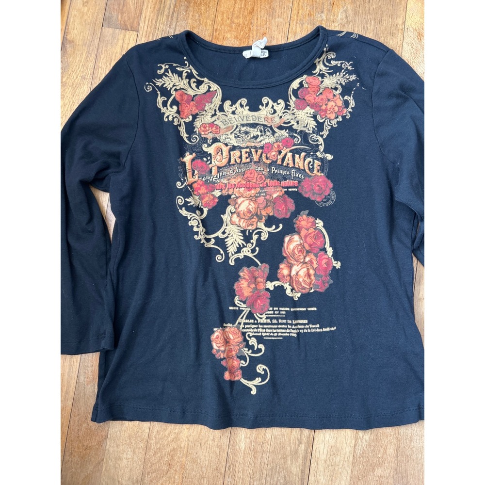 Susan Lawrence Black Floral Graphic Tee Rhinestone French Print XL USA Made